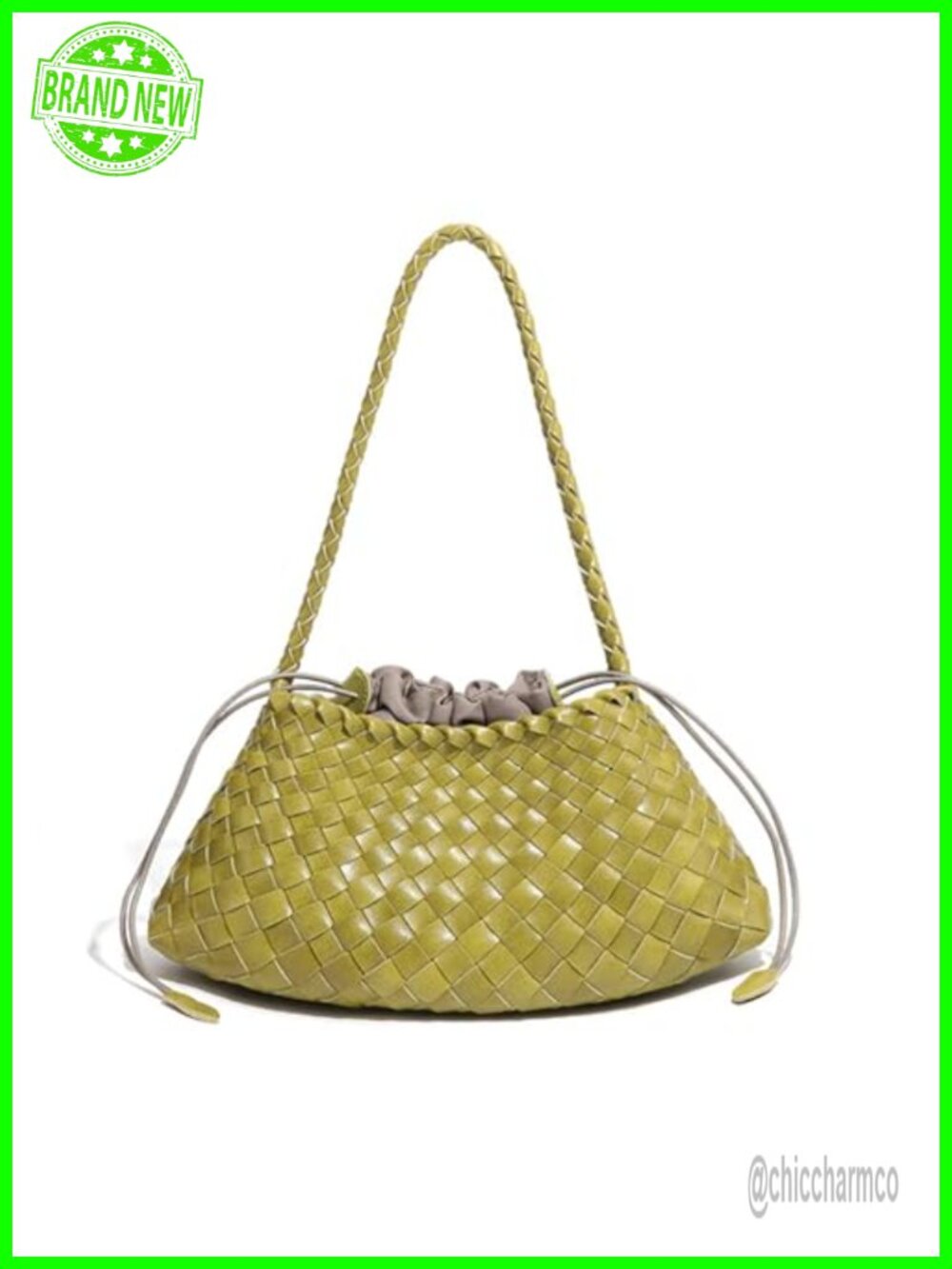 Vegan Leather Woven Hobo Shoulder Bag Handwoven Drawstring Tote